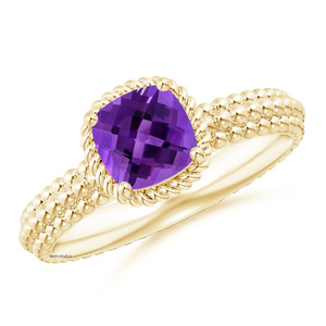 Anillo Solitario con Gema Púrpura Corte Cojín para Mujer con Halo de Cuerda y Diseño de Banda con Cuentas en Oro de 10K, 14K, 18K y Plata 925, 935 - Product Image 1