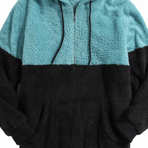 Men's Oversized Color Blocking <b>Fleece</b> Hoodie Half Zipper Sherpa Sweatshirt Winter Casual Wear <b>Black</b> and Teal - Product Image 2