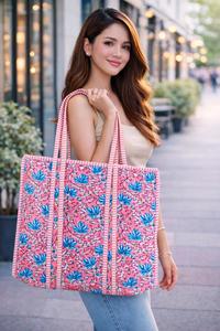 Handmade Vintage Large Tote Handbag Quilted <b>Patchwork</b> Indian Cotton Washable Grocery <b>Bag</b> Printed Design for Women's Daily Use - Product Image 3