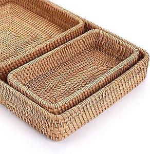 HOT SELLING Nested 3-Piece Rectangular Rattan Tray with <b>Handles</b> Handwoven Natural Wood <b>Wicker</b> <b>Basket</b> for Serving - Product Image 1