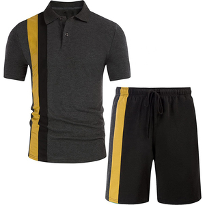 Ensemble deux pièces blanc et bleu marine pour hommes, polo à manches courtes et short avec rayures rouges, tenue d'été décontractée, respirante - Product Image 3