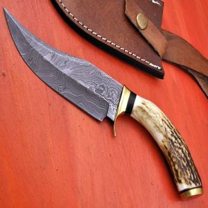 Couteau de chasse/découpe en acier Damas fait main sur mesure, manche en corne de cerf empilée, lame droite, pour camping et survie en extérieur, OEM - Product Image 1