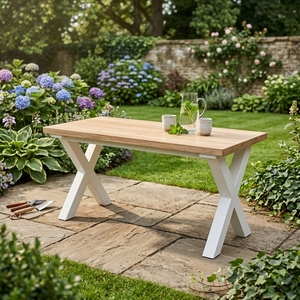 Table basse rectangulaire mobile moderne à pieds croisés en teck massif, finition blanchie, modèle TAB23 pour salon - Product Image 5