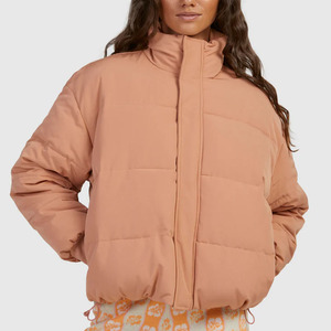 Chaqueta Acolchada de Mujer Color Durazno, Manga Larga, Cuello Alto, Abrigo de Invierno, Relleno Grueso de Poliéster, Cierre de Cremallera, Color Sólido - Product Image 1