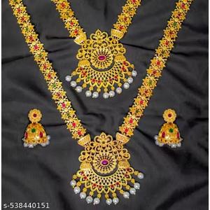Ensemble de bijoux plaqué or, collier long et court de style temple indien du Sud, boucles d'oreilles Jumkha et ensemble de bijoux traditionnels antiques lourds - Product Image 4