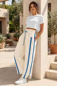 <b>White</b> Cropped T-Shirt With Blue Stripe Sweatpants <b>Elastic</b> <b>Waist</b> Drawstring Casual Loose Fit Joggers Summer Wear - Product Image 6