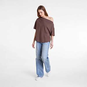 Camiseta informal de moda para mujer, de jersey transpirable y ecológico, con estampado de letras, estilo off-shoulder, para verano. - Product Image 4