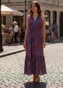 Vintage Handmade Silk Maxi Dress Paisley Halter Neck Boho Hippie With Embroideries v Neck <b>Strap</b> Loose Dress Wear Midi Maxi Dress - Product Image 3