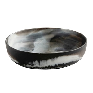 Bol décoratif peu profond en marbre noir moderne avec motif tourbillonnant blanc fumé, idéal comme centre de table ou récipient de rangement. - Product Image 1