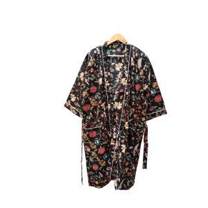 Bata Kimono de Algodón con Estampado Floral Negro para Mujer, Cuello en V, Ropa de Estar por Casa, Bata de Baño de Manga Larga con Cinturón y Bolsillos - Product Image 1