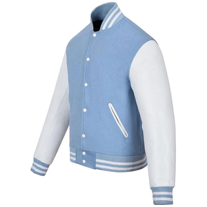 <b>Men's</b> Light Blue Varsity <b>Jacket</b> Customize <b>White</b> Sleeve Breathable Multi Pocket Stand Collar Regular Fit Autumn Wear <b>Men's</b> <b>Jacket</b> - Product Image 3