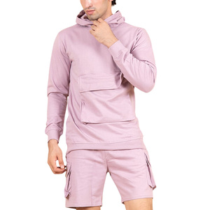 Ensemble sweat-shirt à capuche pour homme, couleur unie, tricoté, manches longues, short, deux pièces, tenue décontractée, style été - Product Image 1