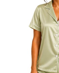 Conjunto de pijama de satén verde salvia para mujer, ropa de dormir de seda con lazo bordado, botones, manga corta, conjunto para estar en casa. - Product Image 4