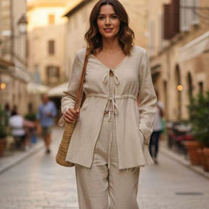 Conjunto coordinado de lino beige: Túnica de manga larga con lazo frontal y detalles delicados de borde sin rematar, y pantalones anchos a juego. - Product Image 1