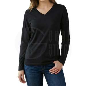 Camiseta de Manga Larga con Cuello en V para Mujer, Etiqueta Privada Personalizada, Tops para Dama al por Mayor, Camiseta Ajustada con Cuello en V - Product Image 2