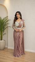 Saree Sutra Biru Tua Elegan Dengan Bordir Putih Dan Lengan Panjang Untuk Wanita Pakaian Pernikahan Gaya India Pakistan Panjang Hingga Lantai