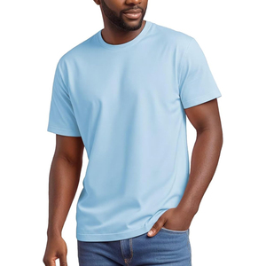 Camiseta de Algodón Azul Claro para Hombre, Manga Corta, Cuello Redondo, Corte Regular, Informal, Tejido de Punto, Color Sólido - Product Image 1