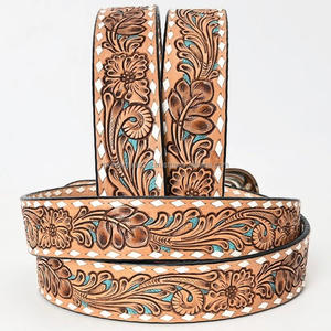 Made in India Floral embossed hand carving and painting <b>men's</b> fashion western leather tooling <b>belt</b> with cowboy <b>buckle</b> set - Product Image 1