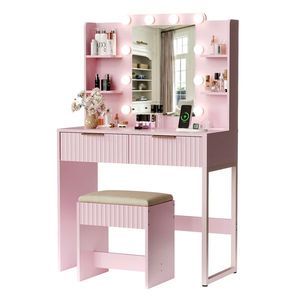 2 Drawer 4 Shelf Pink Particleboard Dressing Table Set Melamine Finish 10 Three-Tone Light Bulbs Power Strip Makeup Vanities - Product Image 2