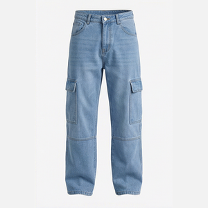 Pantalones Cargo de Cintura Alta para Hombre, Jeans de Mezclilla Azul Claro, Pantalones Utilitarios Lavados con Piedras, Corte Regular, Tela de Algodón para Primavera - Product Image 1