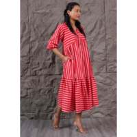 Robe décontractée pour femme en coton 100% - Rayures roses - Coupe midi - Col en V - Manches bouffantes - Tissu écologique - Lavable