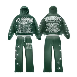 Ensemble de luxe sweat à capuche court et pantalon de survêtement évasé en coton épais délavé à l'acide, ourlet brut, imprimé graphique premium, collection streetwear - Product Image 3