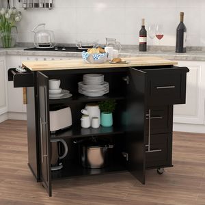 Isola da Cucina in Legno Massello con Piano Estensibile Nero, Dotata di Portaspezie e Portasciugamani - Product Image 3