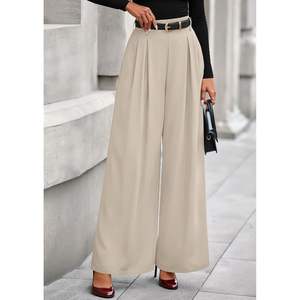 Pantalones de trabajo personalizados para mujer, otoño 2026, de cintura alta elástica, pierna ancha, plisados, largos, fluidos, estilo palazzo, con efecto arrugado - Product Image 2