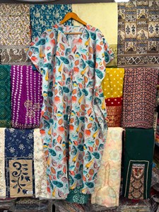 Cotton Casual <b>Kaftan</b> Free <b>Size</b> Luxury Handmade Block Print Eco-Friendly Ankle-Length Feathers Resort Wear for Women Sustainable - Product Image 2