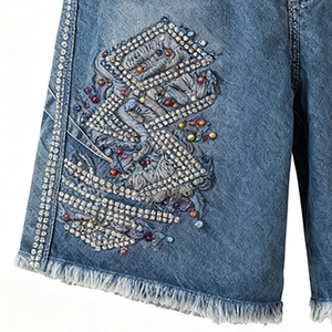 Pantalones Cortos de Mezclilla para Hombre Hechos a Medida, Estilo Vintage, con Cierre, Dobladillo sin Rematar, Tela de Algodón, con Pedrería - Product Image 3