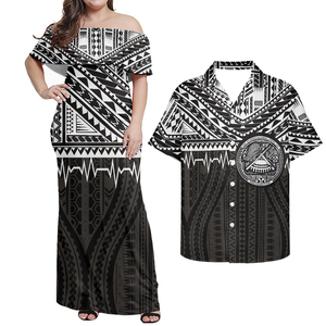 Matching Couple Outfit Evening <b>Dresses</b> Party <b>Hawaii</b> Polynesian Tribal Plumeria Floral Print Women Ruffle Off Shoulder <b>Dress</b> - Product Image 5