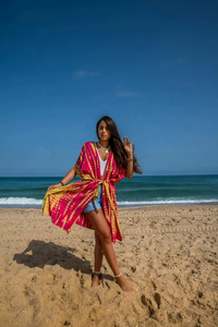Handmade Tie-Dye Eco-Friendly Women's Long Kimono Boho Floral Cover-<b>Up</b> Half Sleeves Casual <b>Open</b>-Front Clothing Natural Waistline - Product Image 5