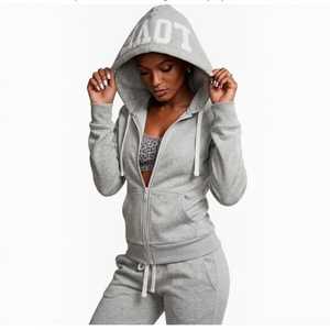 OEM/ODM Women's Solid <b>Hooded</b> <b>Zip</b>-Up Jogging Sets with Custom Embroidery White Letter Drawstring Pockets 100% Cotton Anti-shrink - Product Image 5