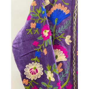 Purple <b>Velvet</b> Embroidered Jacket <b>Women</b> Mandarin Collar Full Sleeve Floral Hand Embroidery Bohemian Style Spring <b>Coat</b> - Product Image 3