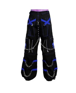 Pantalon unique pour homme noir avec imprimé crâne bleu, plusieurs poches, taille élastique, fermeture à cordon, décor chaîne, mode automne - Product Image 2