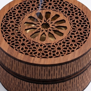 Laser Cut Wooden <b>Bakhoor</b> Burner Box Round Shape Arabic <b>Oud</b> Incense Holder Case With Geometric Carved Lid For Home Decoration - Product Image 4