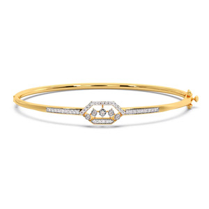 Geometric <b>Frame</b> Diamond Bangle with Yellow Gold Slim Band and <b>Floating</b> Triple Stone Center Design - Product Image 1