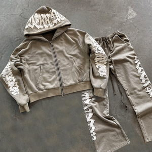 Grey Plus Size <b>Hooded</b> Flame Panel Tracksuit Set <b>Zip</b> Hoodie Bold Sleeve Print Jogger Pants Flame Design Stylish Casual Streetwear - Product Image 1