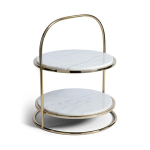 Luxurious Two-Tier <b>Cake</b> <b>Stand</b> Featuring White <b>Marble</b> Round Trays Sleek Gold Metal Frame And An Arching Handle, For Serving - Product Image 2