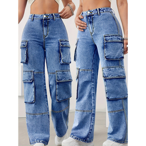 Pantalones Cargo de Mezclilla Azul con Lavado Ácido para Mujer, Cintura Alta, Corte Holgado, Estilo Urbano - Product Image 2