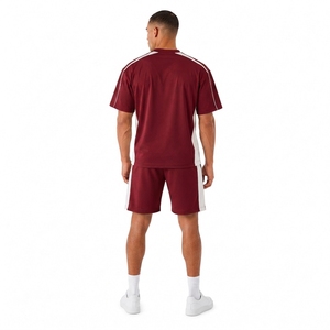 Men's Maroon <b>Knitted</b> Casual T-Shirt <b>Set</b> With Drawstring Shorts Summer Breathable Sportswear Crew Neck Loose Fit - Product Image 2