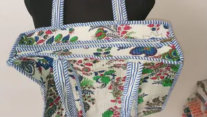 Women Quilted <b>White</b> Cotton Tote <b>Bag</b> with Floral Print Bohemian Style Summer Casual Zipper Shopping Handbag for Women - Product Image 2