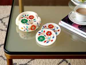 Posavasos de Mármol Blanco Hechos a Mano con Incrustaciones de Piedras Semipreciosas, Artesanía Tradicional, Decoración de Mesa - Product Image 3