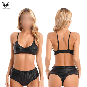 <b>Sexy</b> Black Metallic Bikini <b>Set</b> – Two Piece Matte Look Bralette High Waist Bottoms for Rave & Clubwear Women Leather Bra & Briefs - Product Image 3