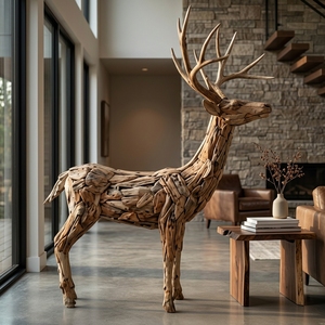 Handcrafted <b>wooden</b> reindeer boy sculpture <b>rustic</b> teak driftwood stag animal statue antlers floor decoration space unit layout - Product Image 3