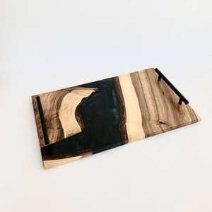 Handcrafted Ocean Blue <b>Epoxy</b> Resin Wooden Serving Tray with Durable Gold Metal Handles for Kitchen, <b>Coffee</b> <b>Table</b> & Gift Giving - Product Image 1