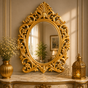 Scandinavian Floral Scroll Wooden Carving Wall <b>Mirror</b> Antique <b>Gold</b> Finish Handcrafted Luxury Decorative Accent <b>Frame</b> Oval 30mm - Product Image 6