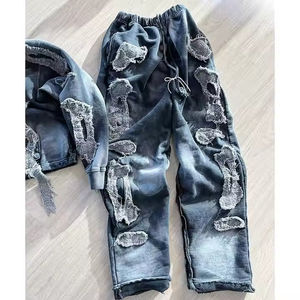 Ensemble survêtement unisexe vintage en coton imprimé, coupe oversize, avec pantalon évasé et sweat à capuche délavé personnalisé pour homme - Product Image 2