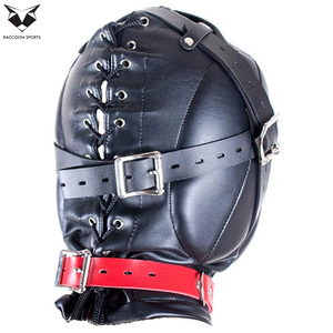 Máscara de cuero sintético acolchada profesional con capucha y cuello rojo para fiesta, disfraz de club, arnés de cabeza de cuero sintético de cara completa - Product Image 6