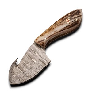 Couteau de chasse et de pêche EDC à lame fixe en acier Damas forgé à la main, avec poignée en corne de cerf et étui en cuir - Product Image 1